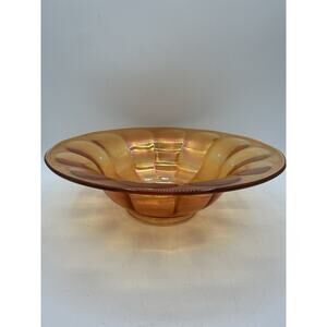 Vintage Imperial Wide Panel Iridescent Orange Carnival Glass Bowl 9” Dish